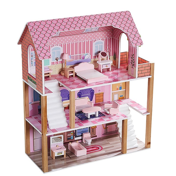 Комплект къща за кукли, Momcbebe, 3 етажа, с мебели и аксесоари, 60x27x70 см, дърво, розов