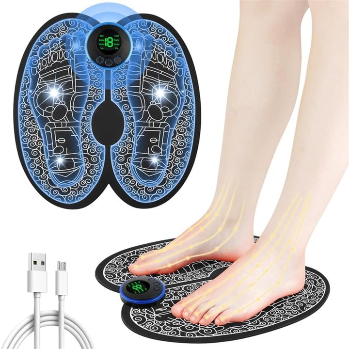 EMS масажор за крака, BOMSTOM, 8 режима на масаж, 19 интензитета, USB зареждане, интелигентен, с мускулна стимулация, акупунктурна терапия, облекчаване на мускулна умора, PU, черен, 29x27.5x0.4 см