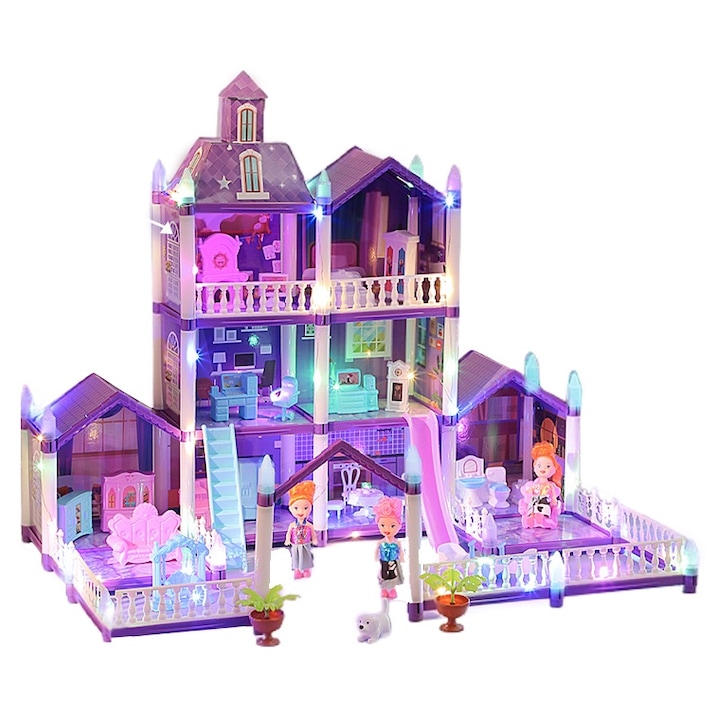 Комплект куклена къща за момичета, Momcbebe, 3 етажа, 8 стаи, светлинен ефект, 3 кукли, 68x44x57,2 см, лилав