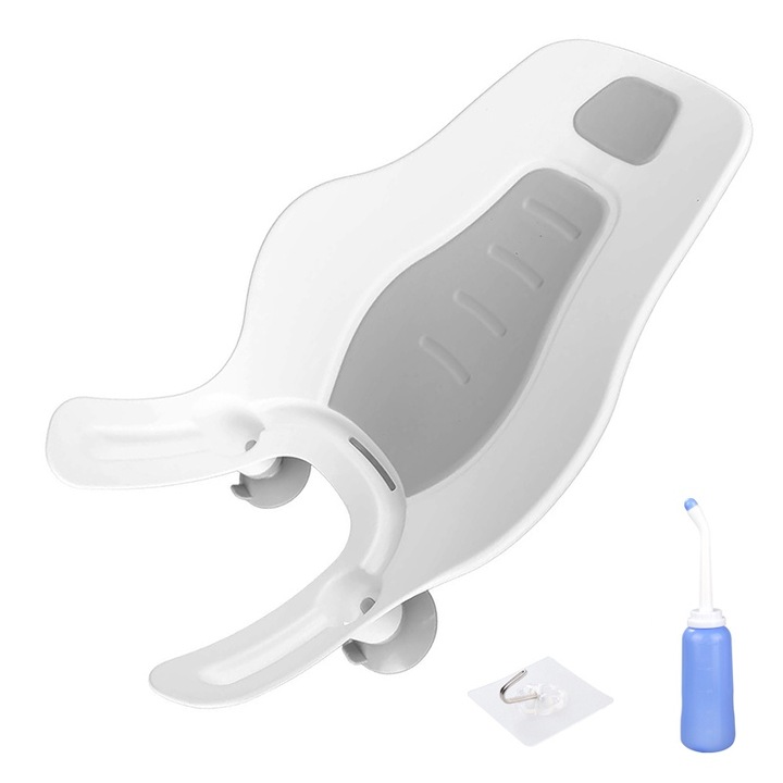 Бебешка вана, Momcbebe, ергономичен дизайн, вендуза за закрепване, с долна бутилка за миене и кука, 52x32,5x17,5 см, сива