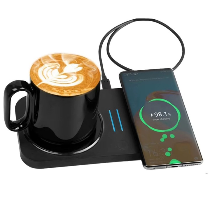 Incarcator Wireless MACASORE HC809 – Incarca Rapid Telefonul/Castile/Ceasul Functie De Mentinere Calda A Bauturilor, Cana Si Capac Din Ceramica, Incluse, Potrivit Pentru Birou Sau Acasa