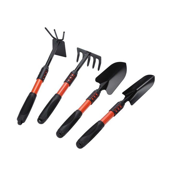 Set 4 Unelte de Gradina Cyrax, Maner extensibil, pentru Plantare Prelucrare Sol si Ingrijire Plante, Material otel carbon, negru