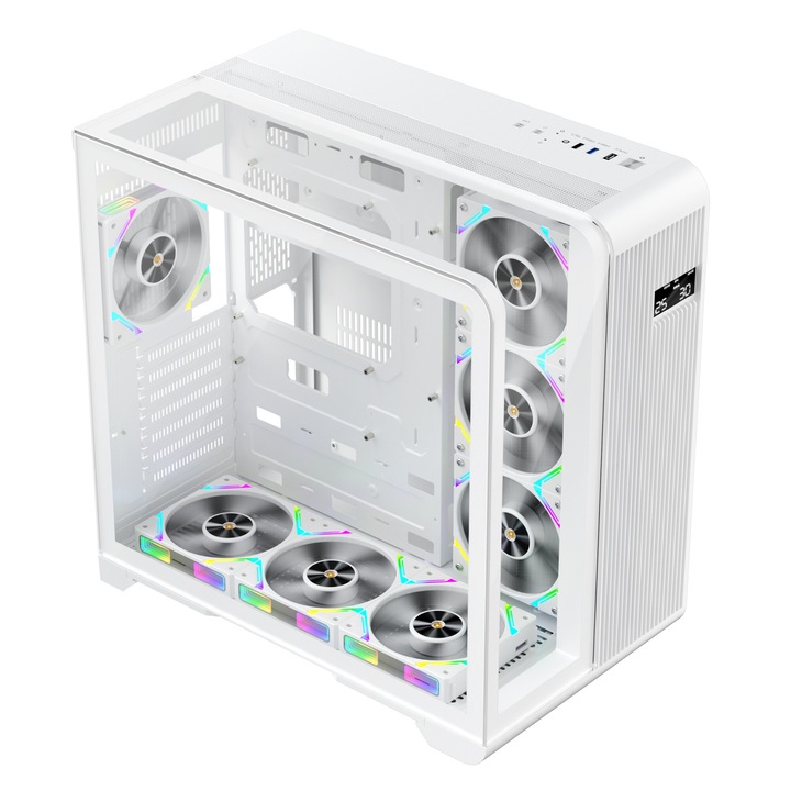 Carcasa 1stPLAYER® Gaming RT7-wh, afisaj digital, 4 ventilatoare aRGB infinity efect, telecomanda, ATX, alb