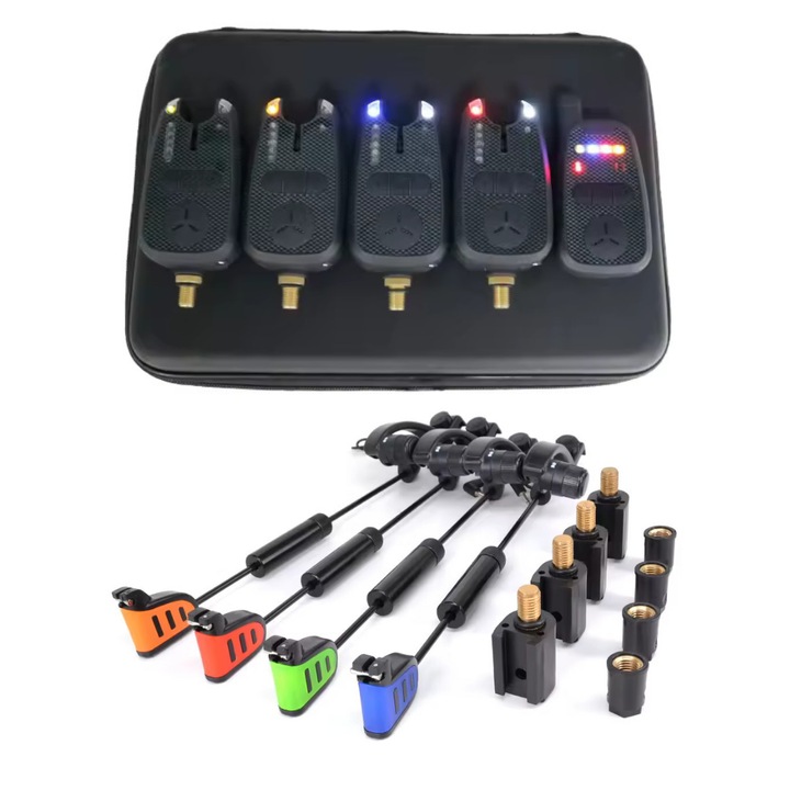 Combo Profesional FishEdge pentru Pescuit la Crap: Avertizori CarpMax 4+1 + Swingere Quick cu LED, waterproof, raza de transmisie 150 metri, valigete pentru transport