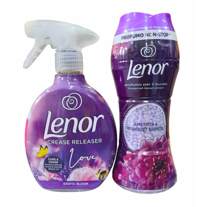 Lenor textil illatosító csomag: Lenor illatgyöngyök, Ametyst & Floral Bouquet, 210g + Lenor textilfrissítő spray, Exotic Bloom, 500 ml