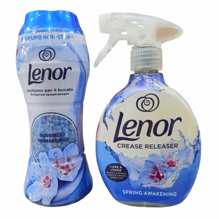 Lenor textil illatosító csomag: Lenor illatgyöngyök, Spring Awakening, 210g + Lenor textilfrissítő spray, Spring Awakening, 500 ml