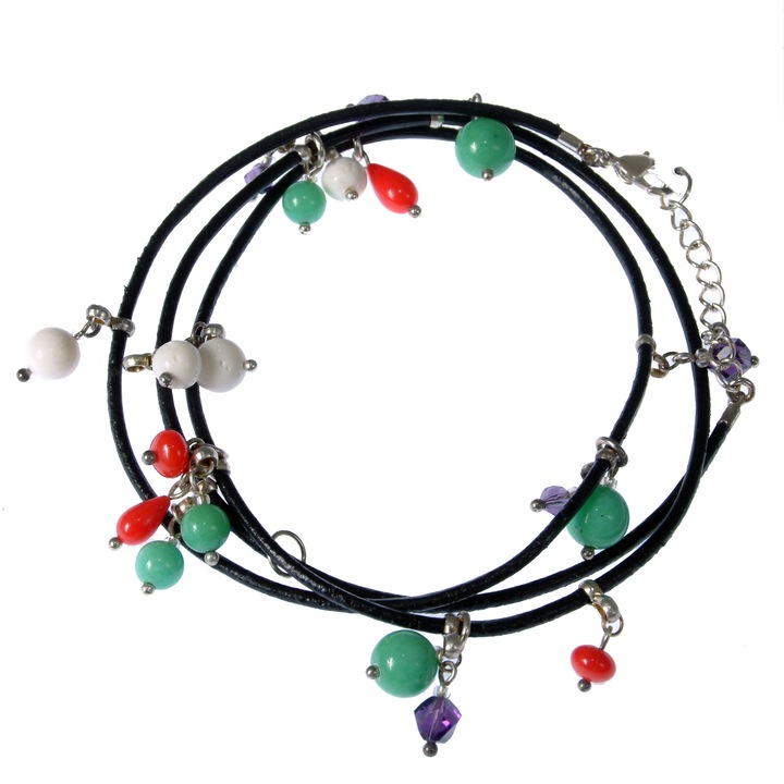 Bratara GANELLI multifunctionala pentru mana, glezna sau colier choker, din piele naturala neagra si pietre semipretioase Coral rosu si alb, Jad Mashan, Cristal helix