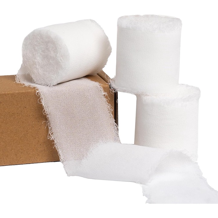 Комплект от 3 бели шифонени панделки 4 см х 15 м, ръчно изработена копринена шифонена панделка с ресни, бяла панделка за сватбени покани, връзване на булчински букет, декорации от флорални аранжировки, опаковка на подарък