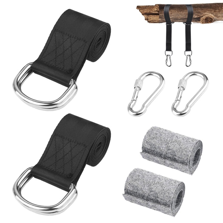 Комплект за монтиране на хамак и люлка, Taipintee, 150-200 кг, черен, 2 презрамки 1,5 м, 2 карабинера