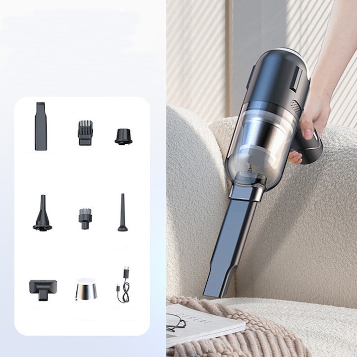 Aspirator de mana portabil, Aspirator auto multifunctional 75000 RPM, 3-in-1, Functie Suflanta, Functie Vaccum, Acumulator, Argintiu, set cu 7 capete de perie, 2 filtre, cablu de incarcare, incarcare Type-C, pentru uz caznic sau auto