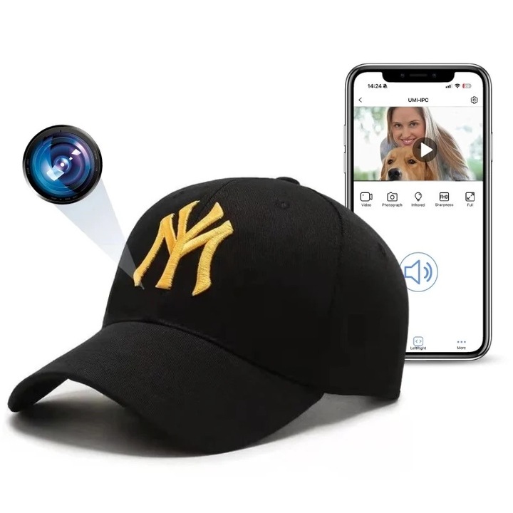 Camera Spion in Sapca iUni H15, Wi-Fi, Full HD, Inregistrare Audio-Video, Foto, Negru-Auriu