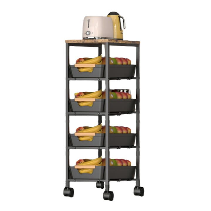 Organizator slim portabil cu 5 nivele, 4 rafturi retractabile si 1 polita din MDF, rotativ 360°, 38 (L) x 23.5 (l) x 81.5 (H) cm, negru