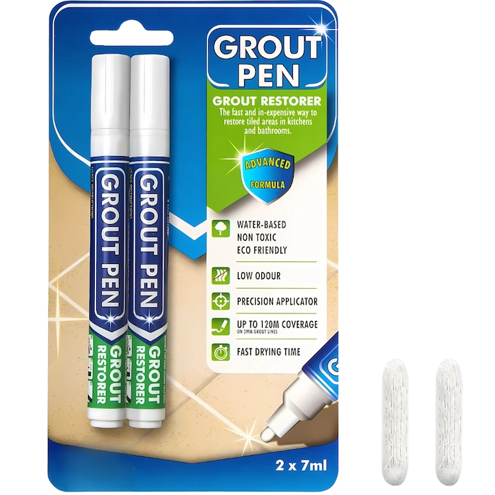 Set 2 markere permanente Promerco®, pentru rosturi, gresie, faianta, design inovativ cu uscare rapida, formula avansata non toxica, rezistenta la apa, durabila, antimucegai, alb