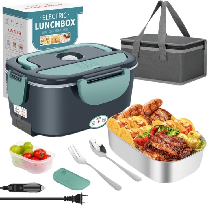 Cutie de pranz electrica portabila cu incarcator rapid,1,5 litri recipient pentru alimente din otel inoxidabil pentru camionagii, acasa, birou, 40W, 110-220V/12-24V, AjieQaQ, gri / turcoaz