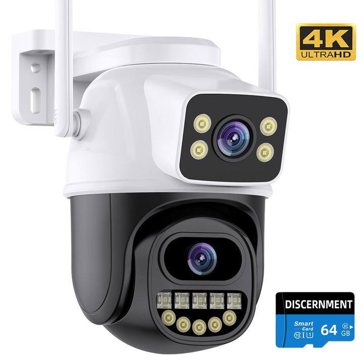 Камера за видеонаблюдение CCTV GrandXEye safe A33B, двойна, 8MP, 64G карта с памет, инфрачервено нощно виждане, на открито/вътре, Ultra HD 4K, 5X увеличение, ротация, LED светлини, двупосочна комуникация, сензор за движение, черен/бял