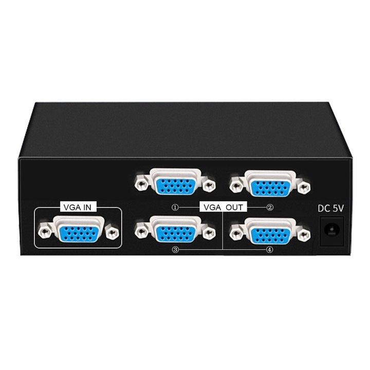 Splitter video VGA 4 porturi, Rqiurpn, 1 intrare 4 iesiri, 1920x1080P, Plug and play, metal, Negru