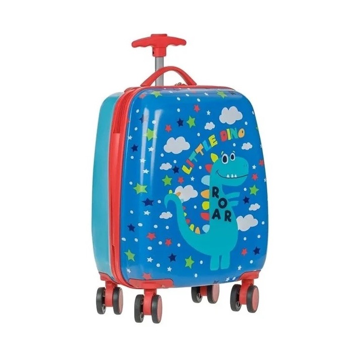 Trolley bőrönd, gyermekeknek, dinoszauruszokkal, forgó kerekekkel, 22L, 30x21x50 cm, kék