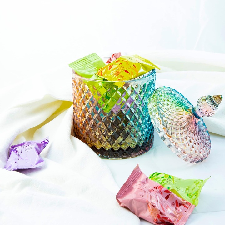 Borcanel decorativ din sticla multicolor cu capac, 10oz, 3.3x5.5 inch, pentru dulciuri, biscuiti, bijuterii