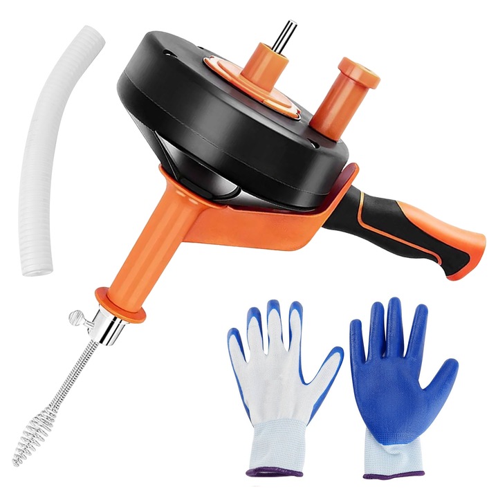 Unclogger pentru tevi, Taipintee, serpentina cu adaptor pentru burghiu, metal, 1/4 inch, set cu manusi de protectie