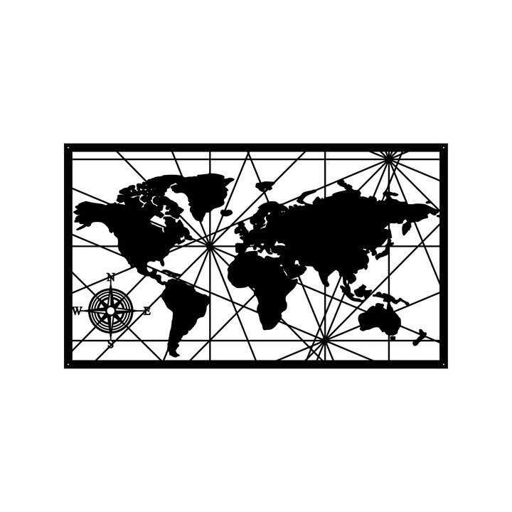 Decoratiune Perete Lemn, Harta Lumii Geometrica, 80 x 47 cm, Negru