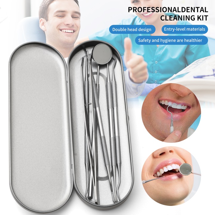 Dental Care set, 6-piece, stainless steel, multifunctional, silver box for plaque and tartar removal