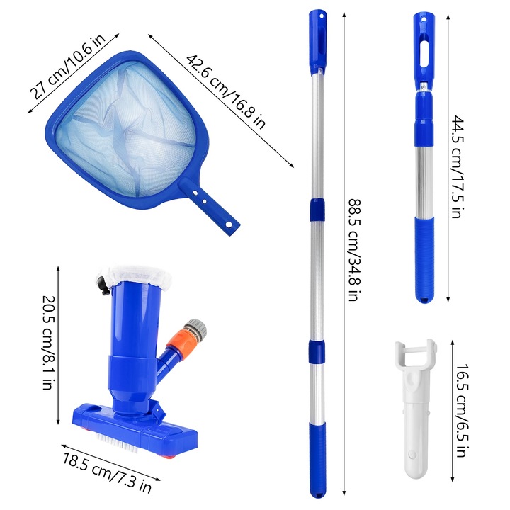 Aspirator universal pentru piscine, Taipintee, 5 piese, plastic, albastru, cu perii si roti