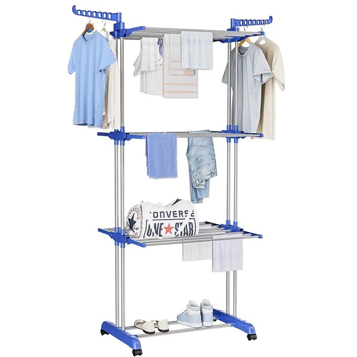 Uscator Vertical Pliabil HOZRO, pentru Rufe, Haine, Incaltaminte, perfect pentru spatiile inguste, Mobil, Ergonomic, inaltime 170cm, Albastru