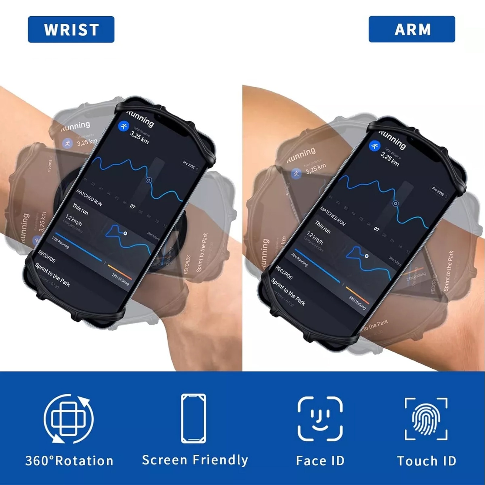 Husa Banderola Telefon de Brat pentru Alergat, SINBINTA, Inchidere cu velcro, 360° rotire, Cu buzunar chei, Protectie completa, Compatibilitate maxima 4.5-6.5 inch, Pentru sala, plimbari, yoga, Silicon, 5x36cm, Negru