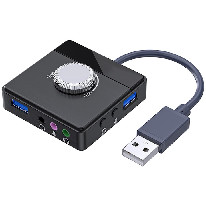 Placa de Sunet Externa Transmisie Live, SINBINTA, 6 in 1, USB2.0*3 + Tip-C + Port audio + Port pentru casti + Port pentru microfon + Mutare audio + Mutare microfon + Reglare volum, Plug and play, ABS, 65x65x15mm, Negru