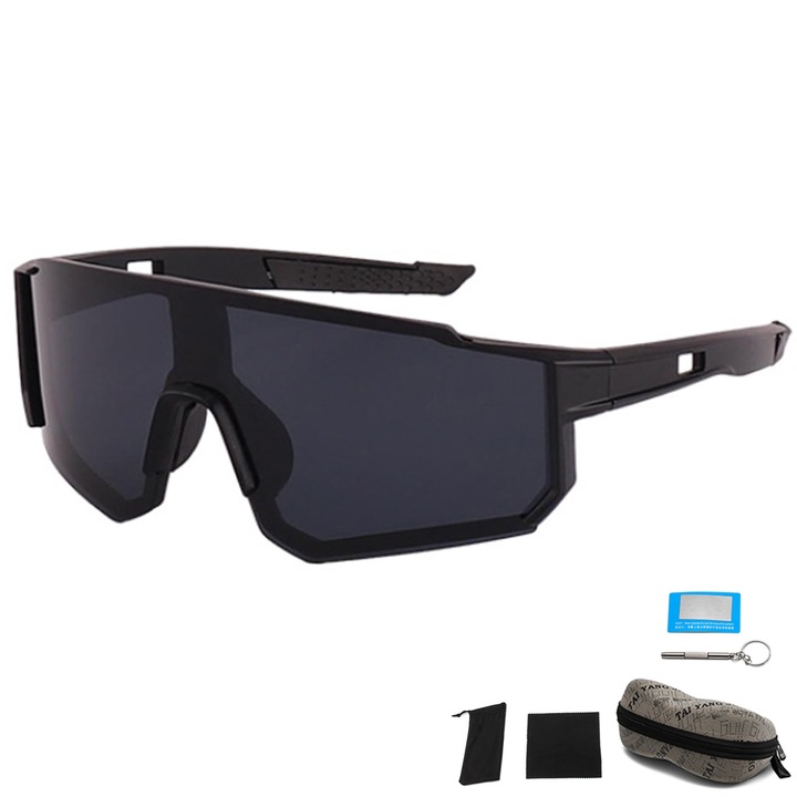 Ochelari Protectie Ski, Ochelari Ciclism Protectie UV/Anti Aburire, SINBINTA, Ochelari de Soare Sport, Protectie UV400, Antiorbire, Cu toc portabil, Unisex, Pentru bungee jumping, motocicleta, Plastic, Negru/Gri