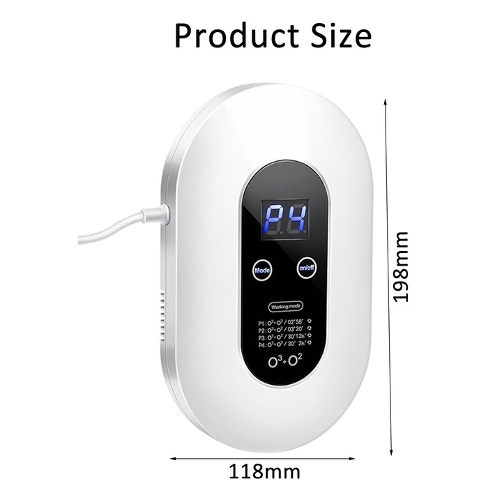Légtisztító, SINBINTA, Ózonos légtisztító, 100mg/h, 10-15 m² lefedettség, 4 üzemmód, Szuper csendes, 99,99%-os szűrés, Érintőképernyős LED, Otthoni, irodai használatra, ABS, 198x118x40mm, Fehér