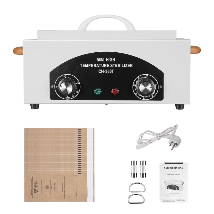 Sterilizator pentru Salon, SINBINTA, Sterilizator cu Aer Cald, Cu pungi pentru sterilizare 25 buc, 220 grade celsius, 2L, 300w, Reglaj temperatura, Functie timer, Picioare anti-alunecare, Pentru studio tatuaje si unghii, Fier, 32x21x16cm, Alb