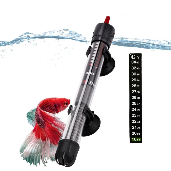 Incalzitor pentru Acvariu, SINBINTA, 50w, Cu termometru, Pentru acvariu 60L, 20-34°C, Rezistent la apa, Afisare dubla a temperaturii unitatilor, Cu protective si lampa de functionare, Pentru acvarii de apa dulce si sarata, Sticla, 195mm, Negru