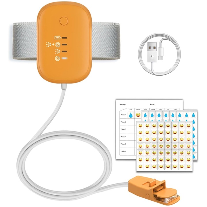 Alarma de Pat Ud la Copii, SINBINTA, Alarma Incontinenta Urinara, Dispozitiv Enurezis Nocturn si Diurn Pentru Varstnici si Adulti, Cu senzor de umiditate, Sunet si vibratii, Reincarcabil, 300mAh, ABS, 5.7x4x1.4cm, Portocalie