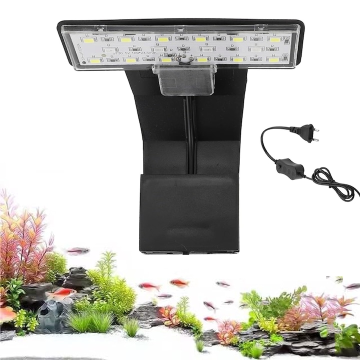 Lumina LED pentru Acvariu, SINBINTA, Lampa de acvariu cu prindere, 3 moduri de iluminare, 16 LED-uri, 9W, Intrerupator de alimentare independent, Instalare usoara, Potrivit pentru acvariu de 15-40cm, Plastic, 13x8x12cm, Negru