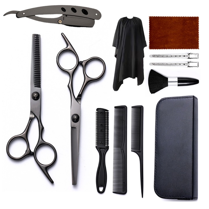 Set de 12 Foarfece profesionale de Tuns Si Filat, SINBINTA, Cu brici, pieptene, Geanta depozitare frizerie si manta coafor barber, Lame ascutite, Design ergonomic, Pentru frizerie, salon, acasa, Inox, Negru/Argintiu