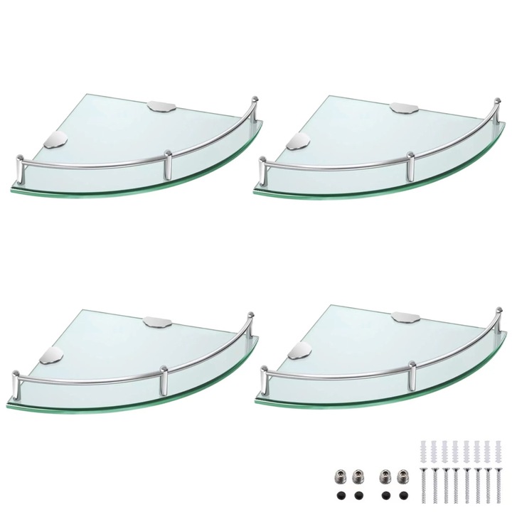 Set 4 Etajera de Colt Pentru Baie, SINBINTA, Raft de dus, Organizator, Rezistent la umiditate si rugina, Cu Accesorii, Prin insurubare, Montare pe colt, Design Modern, Pentru depozitare, Sticla/Inox, 23.5x23.5x0.5cm, Transparent/Argintiu
