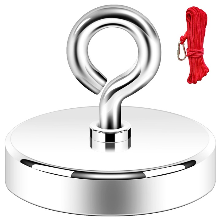 Set Magnet Fishing Neodym Puternic, SINBINTA, Forta de tragere de 140 kg, Cu franghie de 20 m lungime, Pentru cautari subacvatice, recuperari si aplicatii industriale, Metal, 60x60x68mm, Argintiu/Rosu