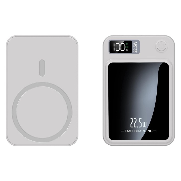 Baterie Externa, SINBINTA, Baterie Externa Wireless Magnetica, 10.000 mAh, Fast charge 22.5W, Incarcare wireless 15W, Display LED procentaj baterie, Design ultra slim, Portabila, Compatibila iPhone si Android, PVC, 104x69x19mm, Alb