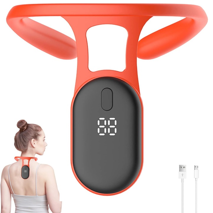 Dispozitiv Inteligent Pentru Corectarea Posturii, SINBINTA, Display LED, Mentine spatele, Umerii si coloana intr-o pozitie corecta, Previne blocajul limfatic si imbunatateste circulatia sangelui, ABS/Silicon, 346x90x13mm, Portocaliu/Negru