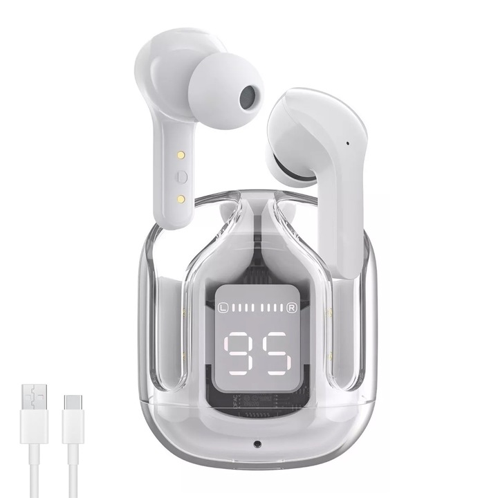 Casti Wireless Bluetooth, SINBINTA, Bluetooth in ear, Audio HD, Rezistente la apa, Afisaj LED baterie, Control tactil, Autonomie 2.5 ore, Cu carcasa de incarcare, Latenta scazuta, Compatibilitate universala, ABS, 2×2.5×4cm, Alb