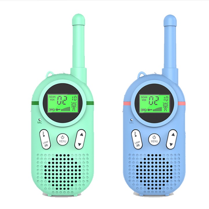Set de 2 walkie talkie pentru copii, VPUINEFE, 8 canale, cu lanterna LCD retroiluminata, raza de 3 mile, functie Vox, excelent pentru exterior, camping, drumetii, verde/albastru