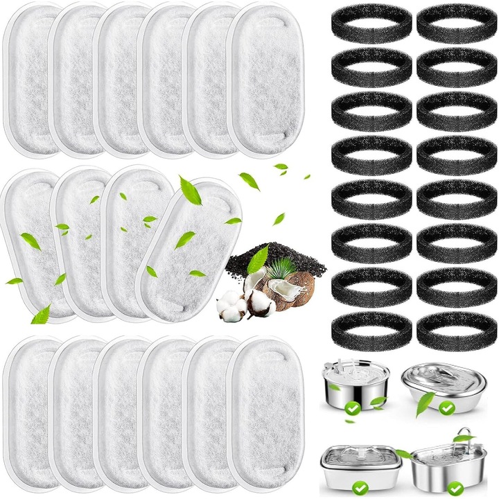 Set de 32 filtre de rezerva pentru fantani de baut, VPUINEFE, Folosit in dozatoare de apa pentru pisici si caini, purificare, carbune activ, indepartare eficienta a impuritatilor, 16 elemente de filtrare + 16 inele de burete