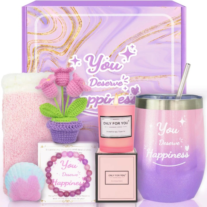 Set cos cadou pentru femei, Premium, Simply Joy, Cana Termos din Inox, bile de baie, lumanare parfumata, sosete dama, cadouri de zi de nastere pentru femei, Ziua indragostitilor, Cadou de Ziua Femeii, 1, 8 Martie, Craciun, Paste, Cutie Eleganta