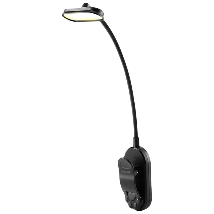 Lampa de carte pentru citit, NAXSIR, cu clema de prindere pe carte, 16 LED-uri, 3 Culori, Rece, Cald, Neutru, reglabila 360 grade, Acumulator 1000 mAh, incarcare USB, negru