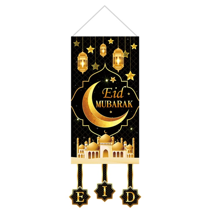 Semn de usa decorativ pentru Eid Mubarak, Enforose, 30x50cm, negru si auriu, din poliester, reutilizabil