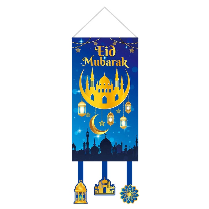 Semn de usa decorativ pentru Eid Mubarak, Enforose, 30x50cm, negru si auriu, din poliester, reutilizabil