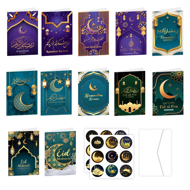 Set 12 Felicitari Eid Mubarak cu 12 Envelopes si Stickere, Felicitari Religioase pentru Petreceri
