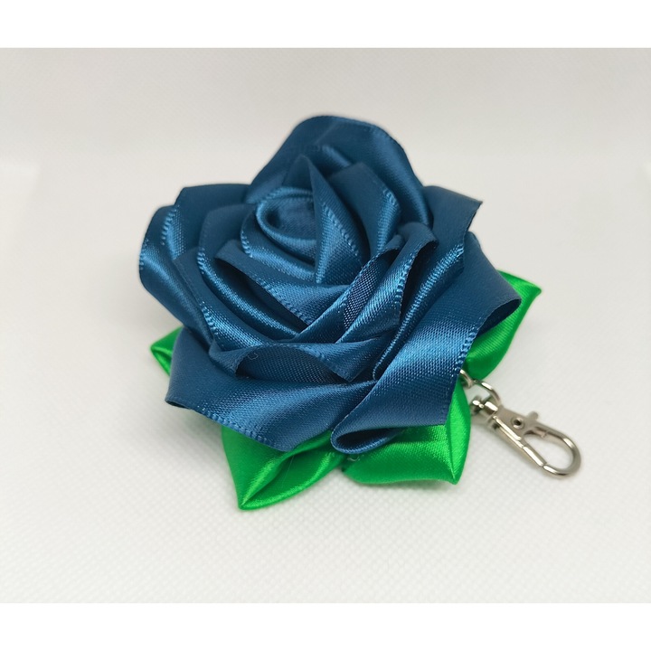 Breloc handmade, Trandafir, Textil, Albastru inchis/Verde, 7 cm