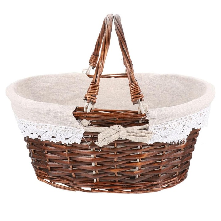 Cos de picnic, oval, rachita, manere pliante, bej/maro